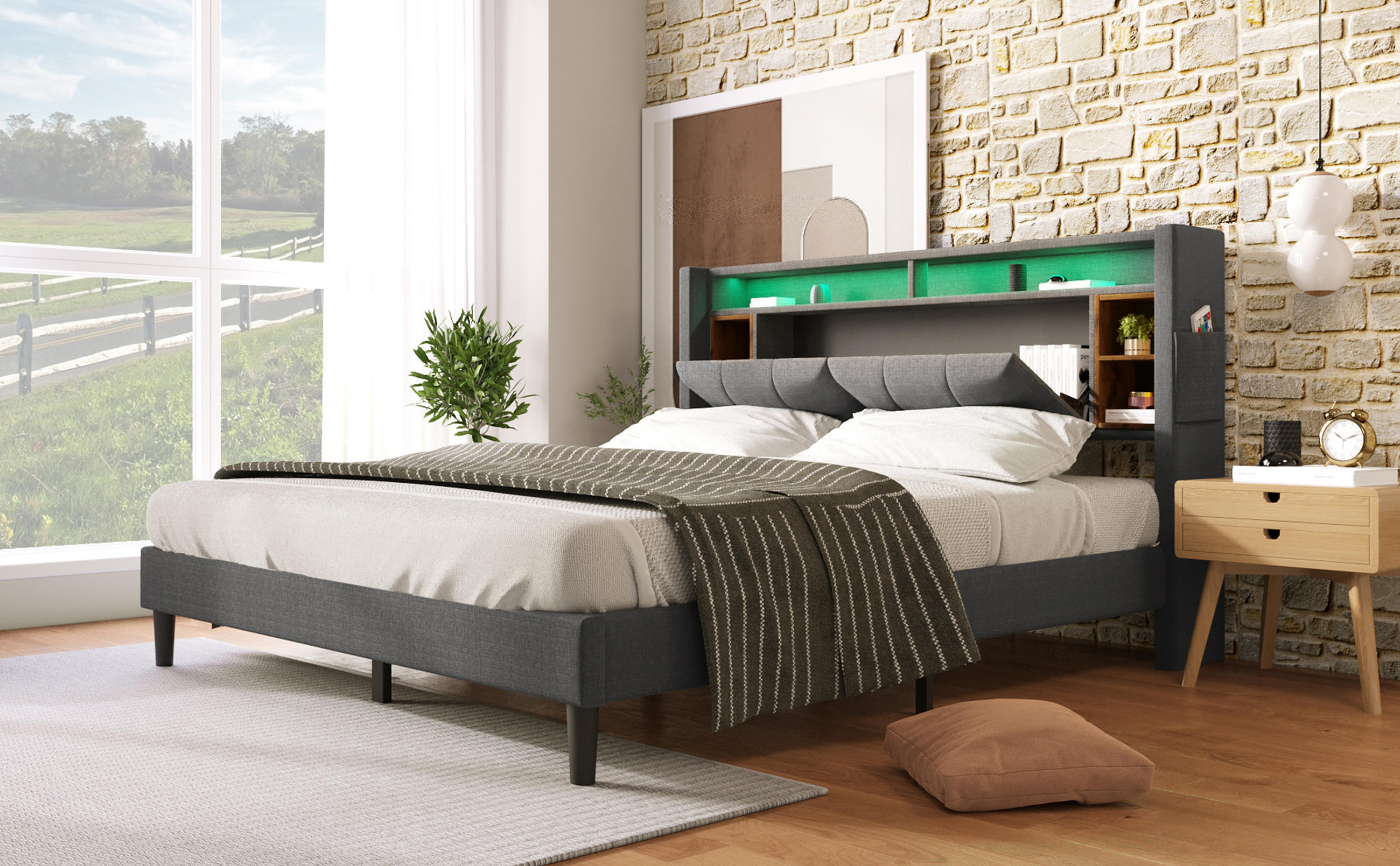 POLSTERBETT 140/200 cm in Grau Leinen mit Stauraum-Kopfteil, LED und USB - Grau, Holzwerkstoff/Textil (140/200cm) - WISHDOR