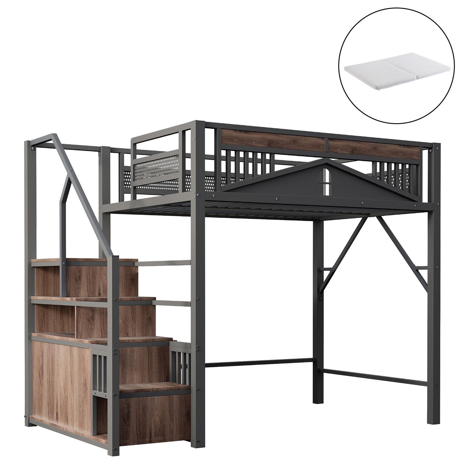 HOCHBETT 140/200 cm Schwarz mit Sicherheitsgehäuse und Stauraum mit Matratze - Schwarz, Metall (140/200cm) - OKWISH