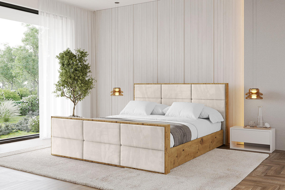 POLSTERBETT mit Bettkasten, Fußteil und Lattenrost, Boxbett mit Matratze H3/H4 - ENZO1-Z 120x200 Beige - Beige, Holzwerkstoff/Textil (120/200cm) - ALTDECOR