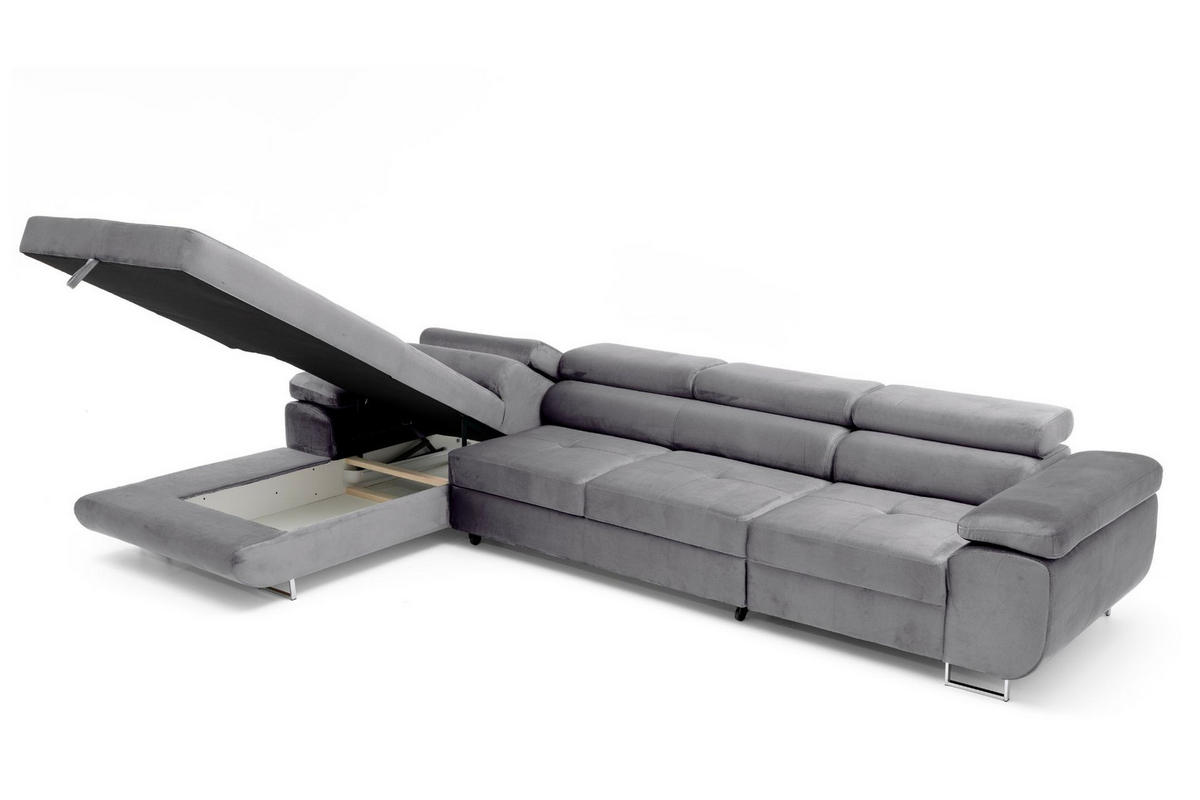 ECKSOFA ALONZO MAXI Links mit Schlaffunktion 125x195 Velours Grau - Silberfarben/Grau, Holz/Textil (350/203cm) - Muffo