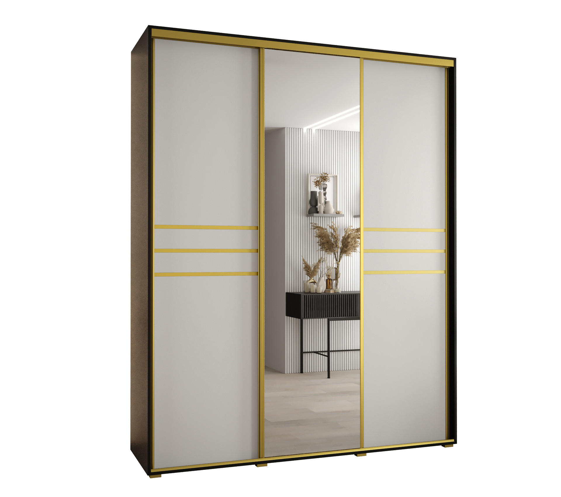 Abiks Möbel Schwebetürenschrank Schwarz, Weiß, Gold 200x235x60 cm