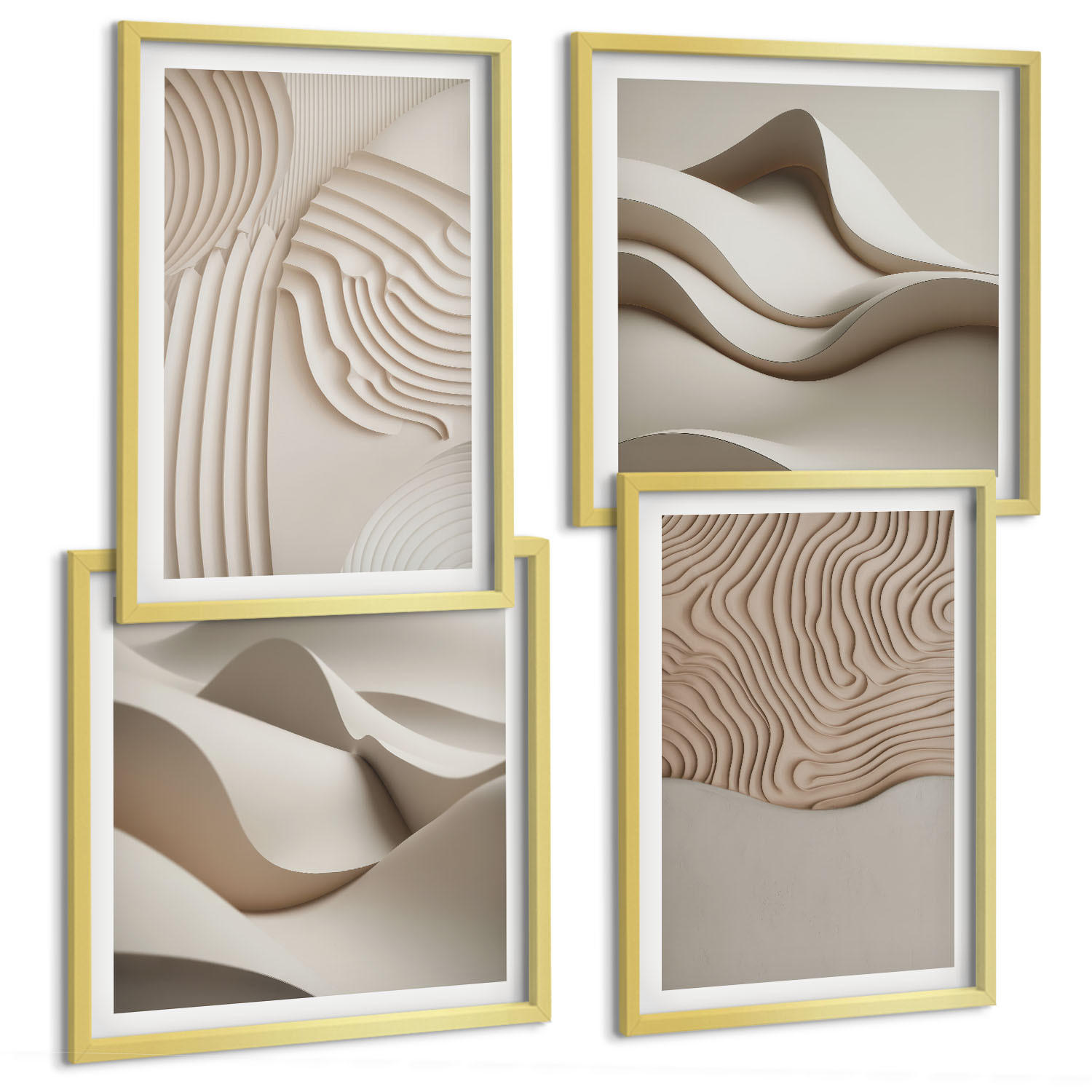 BILDER SET 4er Set - 50x50 cm & 40x60 cm Goldrahmen - Abstrakte Wellen auf dem Sand - Goldfarben, Kunststoff (50/50cm) - TULUP