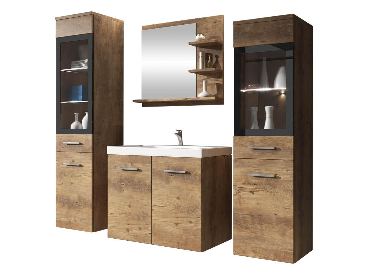 BADMÖBEL-SET Madrit I mit weißer LED Beleuchtung - Braun, Holzwerkstoff (30/132/30cm) - MIRJAN24