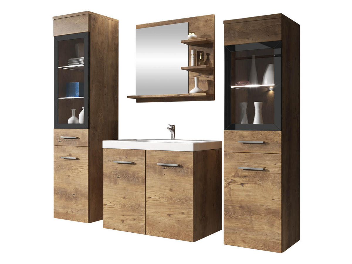 BADMÖBEL-SET Madrit I mit weißer LED Beleuchtung - Braun, Holzwerkstoff (30/132/30cm) - MIRJAN24