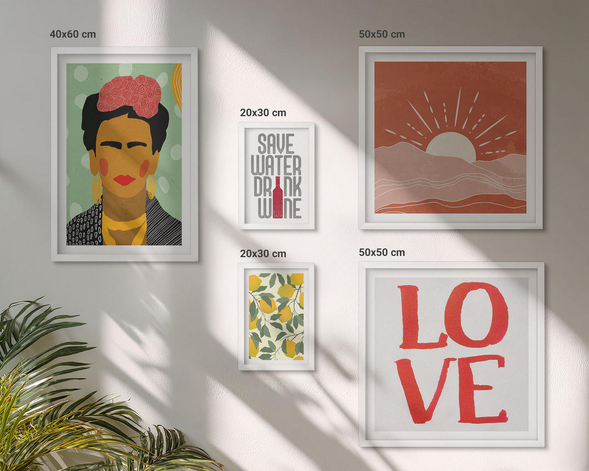 BILDER SET 5er Set - 50x50 cm & 20x30 cm & 40x60 cm Weißer Rahmen - Zitronen Inschrift Liebeslandschaft Frida - Weiß, Kunststoff (40/60cm) - TULUP