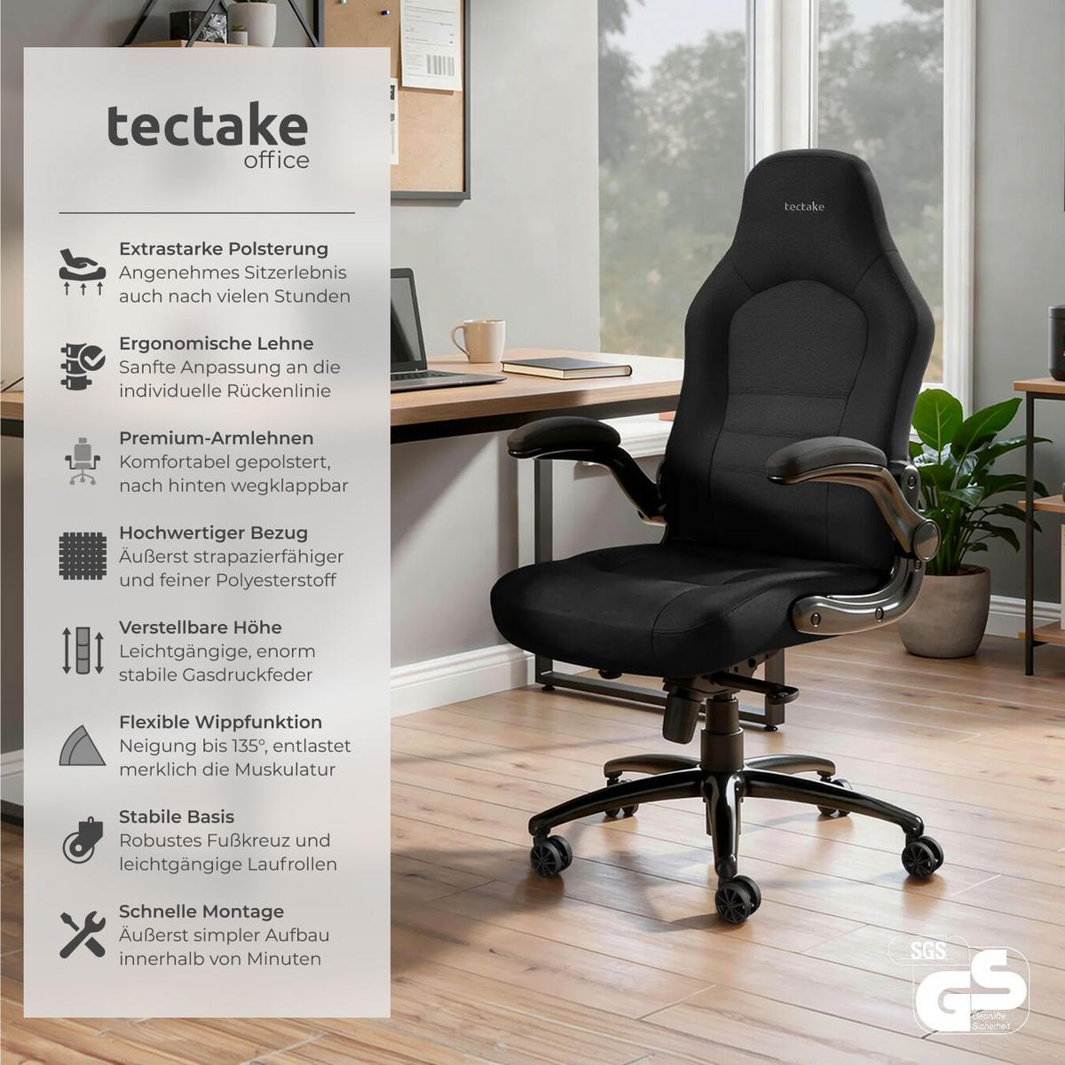 BÜROSTUHL Springsteen, stufenlos höhenverstellbar, schwarz - Schwarz, Kunststoff (70/131.5/67cm) - tectake