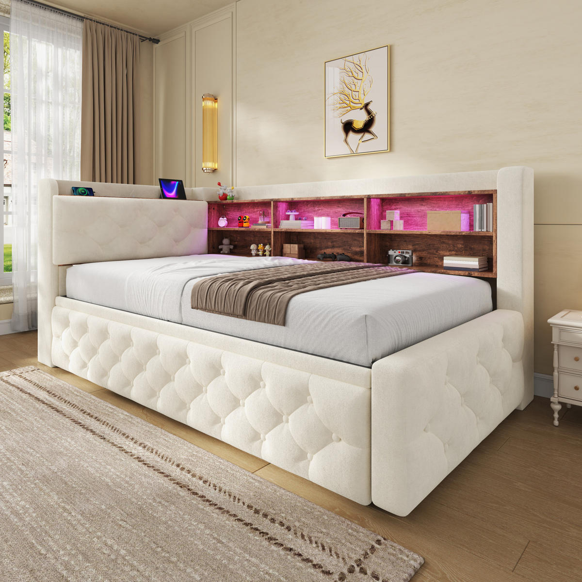 BETT 90/180×190 cm in Beige mit Stauraum, LED-Beleuchtung und USB- und Type-C-Anschlüssen - Beige, Textil (180/190cm) - Flora Grace