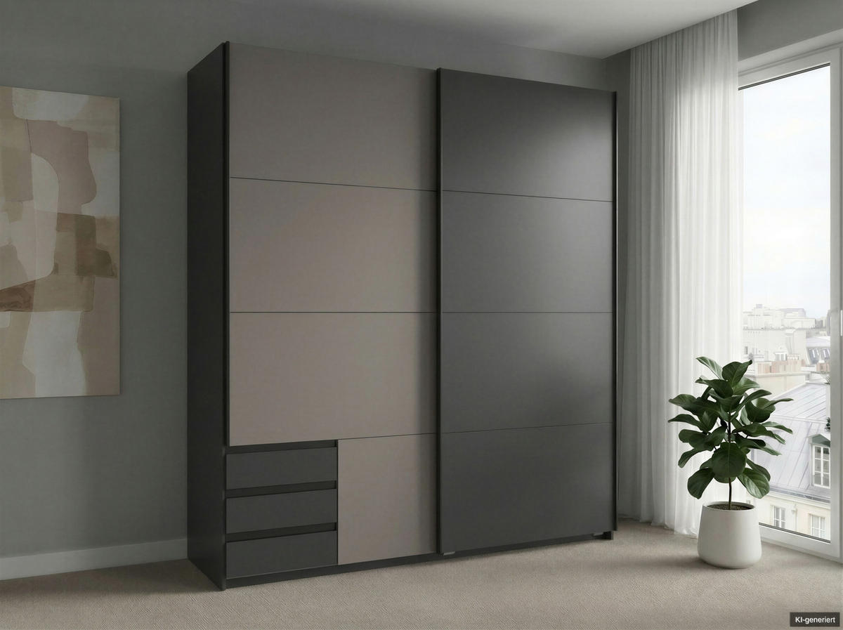 SCHWEBETÜRENSCHRANK 2-türig B179/H198/T65 cm, Kleiderschrank mit sichtbaren Schubkästen in Grafit, 1x Tür in Sandgrau / 22694 - Sandfarben/Schwarz, Holz/Holzwerkstoff (179/198/65cm) - luma-home