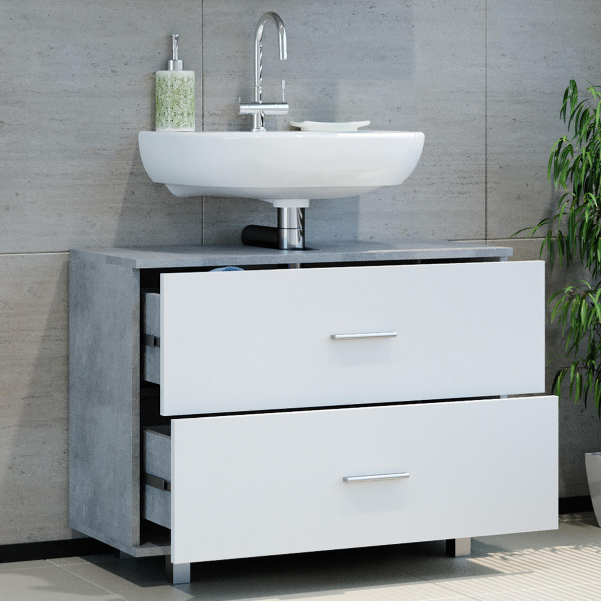 WASCHBECKENUNTERSCHRANK Ilias Beton/Weiß 80 x 60.8 cm - Weiß/Grau, Holzwerkstoff (80/60.8/33cm) - Vicco