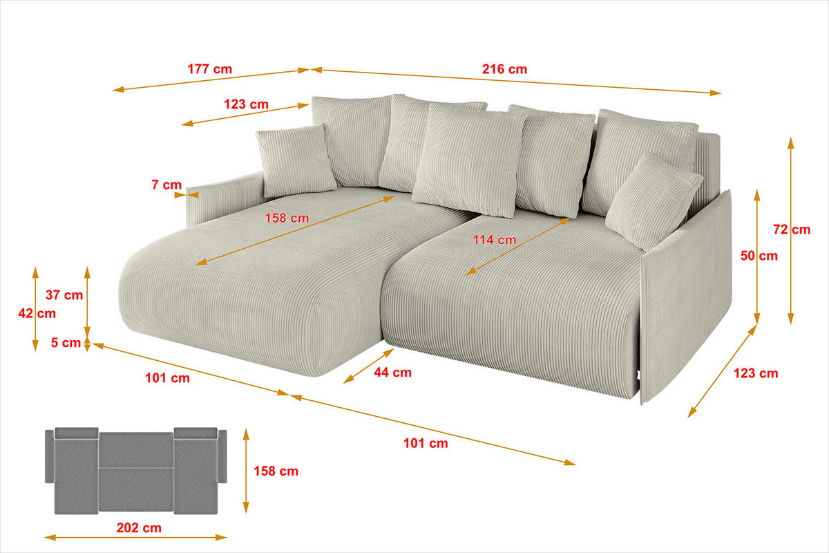 ECKSOFA mit Schlaffunktion und Bettkasten ONESK-L -v1 216x177x72 Hellgrau Cord - Greige/Hellgrau, Holzwerkstoff/Kunststoff (216/177cm) - ALTDECOR