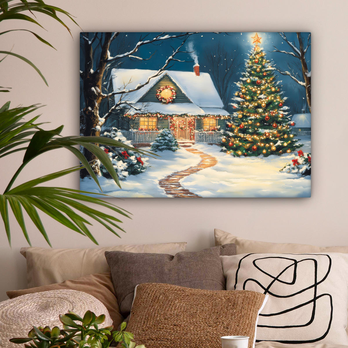 LEINWANDBILD Weihnachten - Weihnachtsbaum - Winter - Zuhause - Schnee Wandbilder 80x60 cm - Smaragdgrün, Textil (80/60cm) - MuchoWow