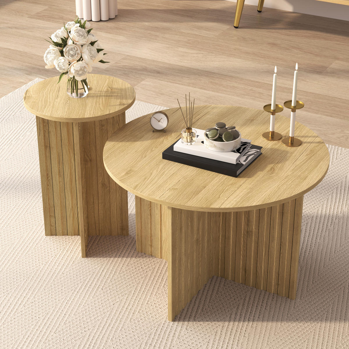 RUNDE Couchtische & Kaffeetische im skandinavischen Design 76/76/50 cm und 40/40/56,5 cm Naturfarben - Naturfarben, Holzwerkstoff (116/116/56.5cm) - Redom