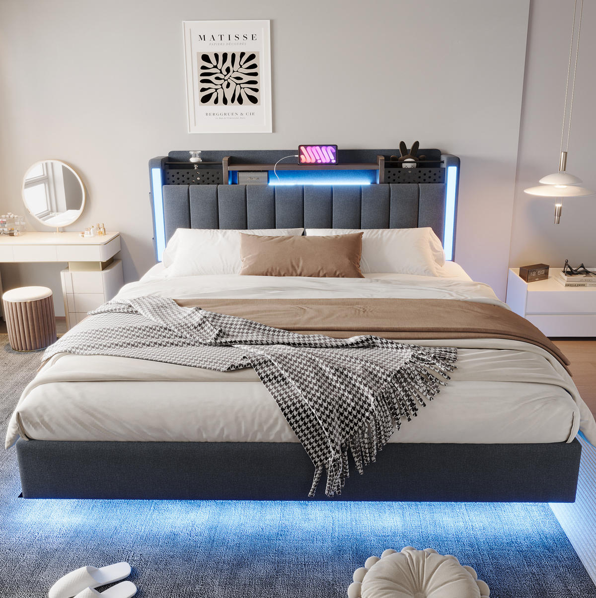 ČALÚNENÁ posteľ 160/200 cm s LED osvetlením, USB nabíjaním a úložným čelom, Sivá - sivá, textil (160/200cm) - Redom