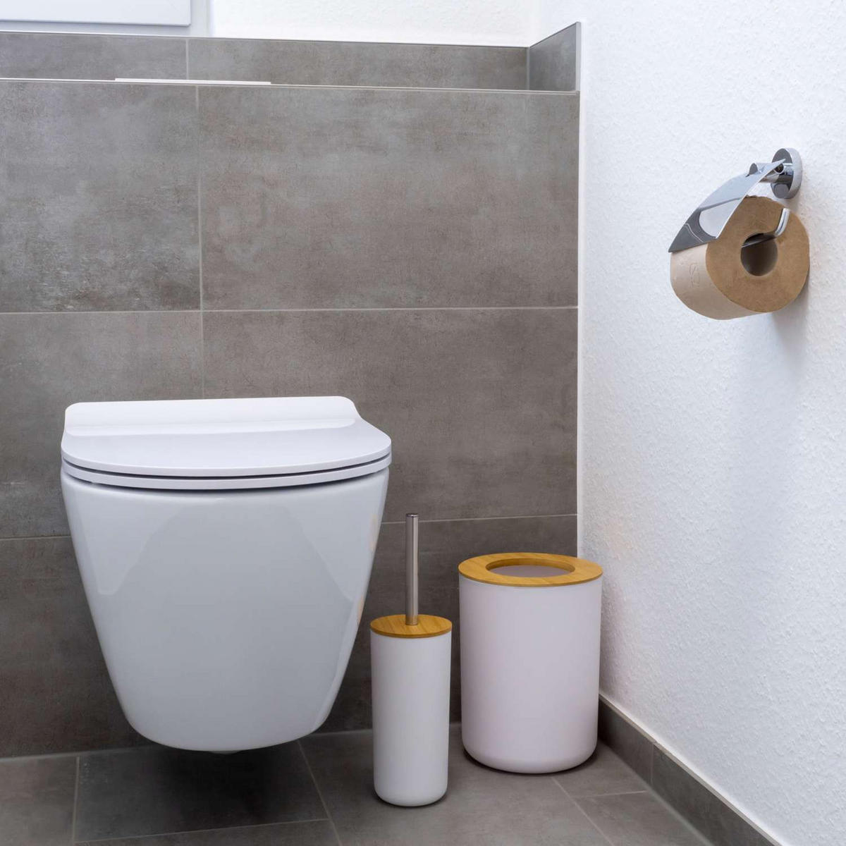 BADEZIMMER ZUBEHÖR SET (6-tlg.) mit Zahnputzbecher Seifenschale Seifenspender Toilettenbürste - Weiß, Naturmaterialien (19.5/26/19.5cm) - Intirilife