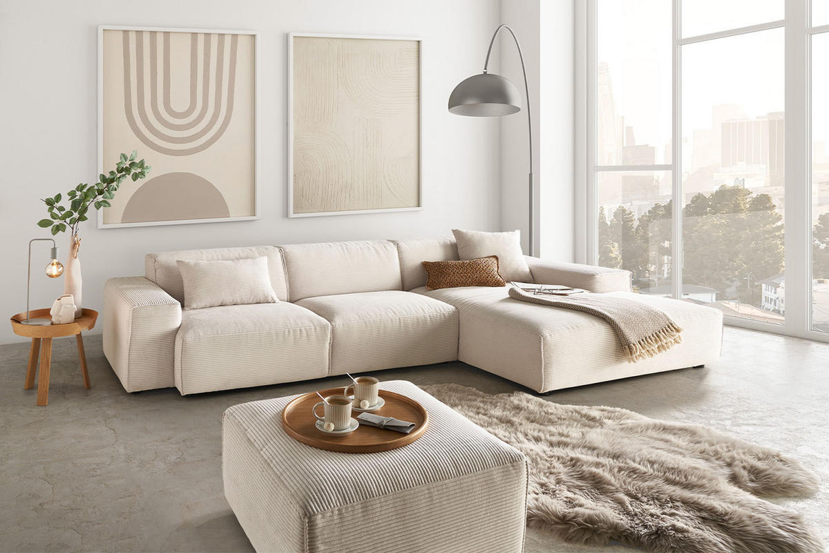ECKSOFA RANI Cremeweiß Cord - Creme/Schwarz, Kunststoff/Textil (299/189cm) - KAWOLA