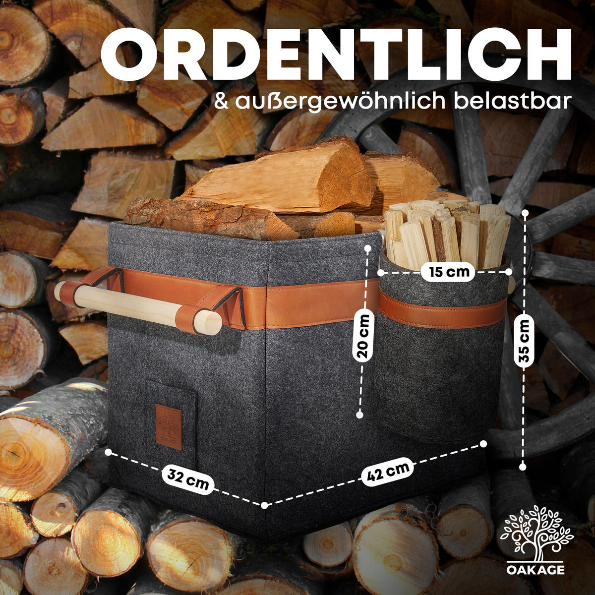 KAMINHOLZKORB Classic Duo 2er-Set Filz mit Metallrahmen für Zusatzstabilität 42/32/35 cm - Dunkelgrau, Textil (32/35/42cm) - OAKAGE