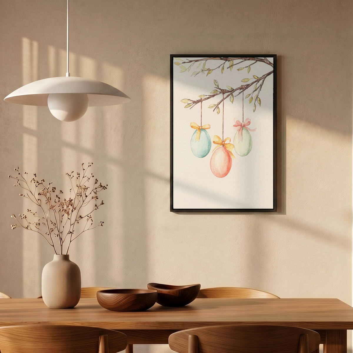 LEINWAND Bilder mit Rahmen - Osterkuchen - Schleife - Eier - 40x60 - Creme, Textil (40/60cm) - MuchoWow