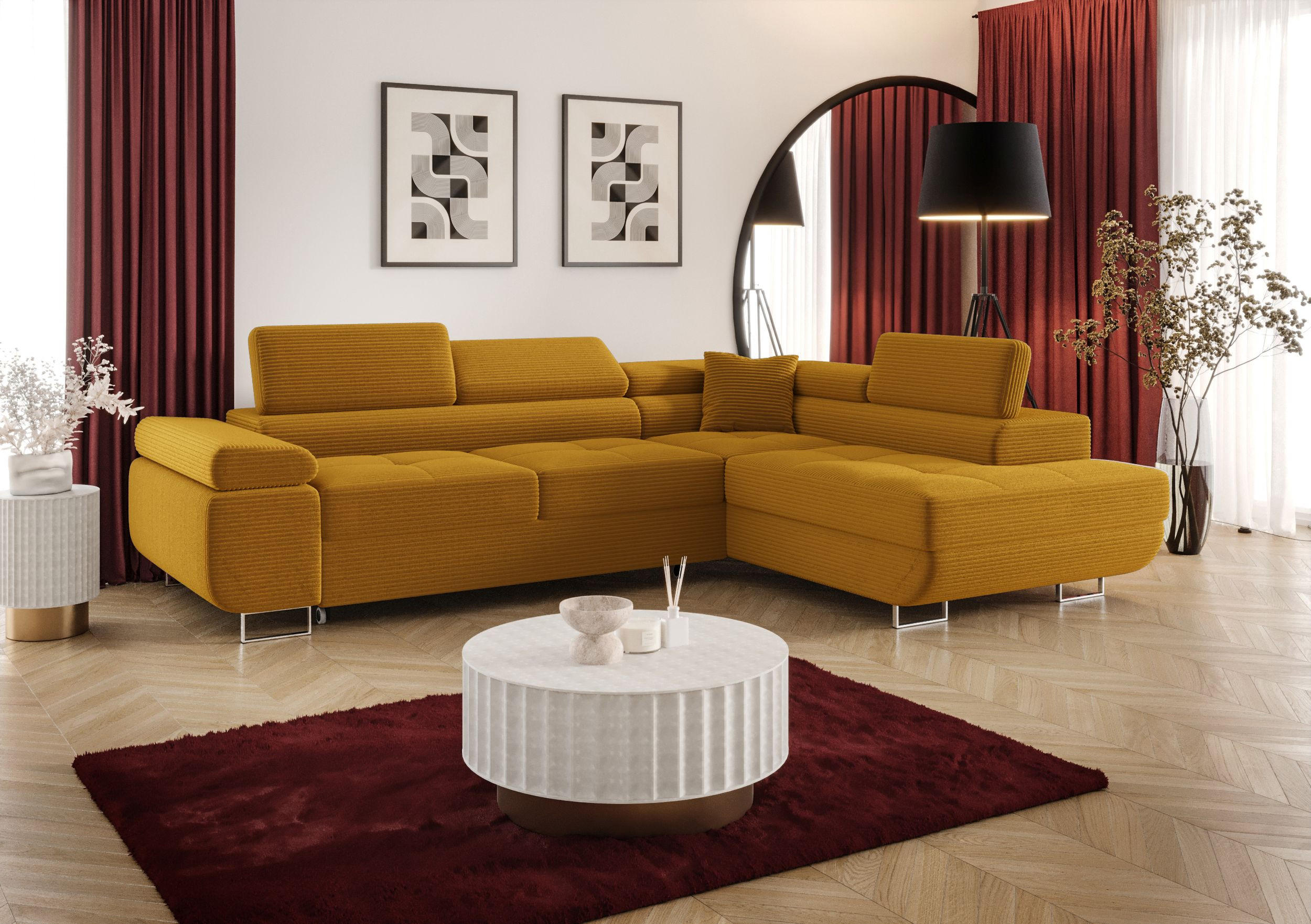 ECKSOFA EMILY mit Schlaffunktion Poso 01 Rechts - Currygelb, Textil (275/200cm) - Bedante