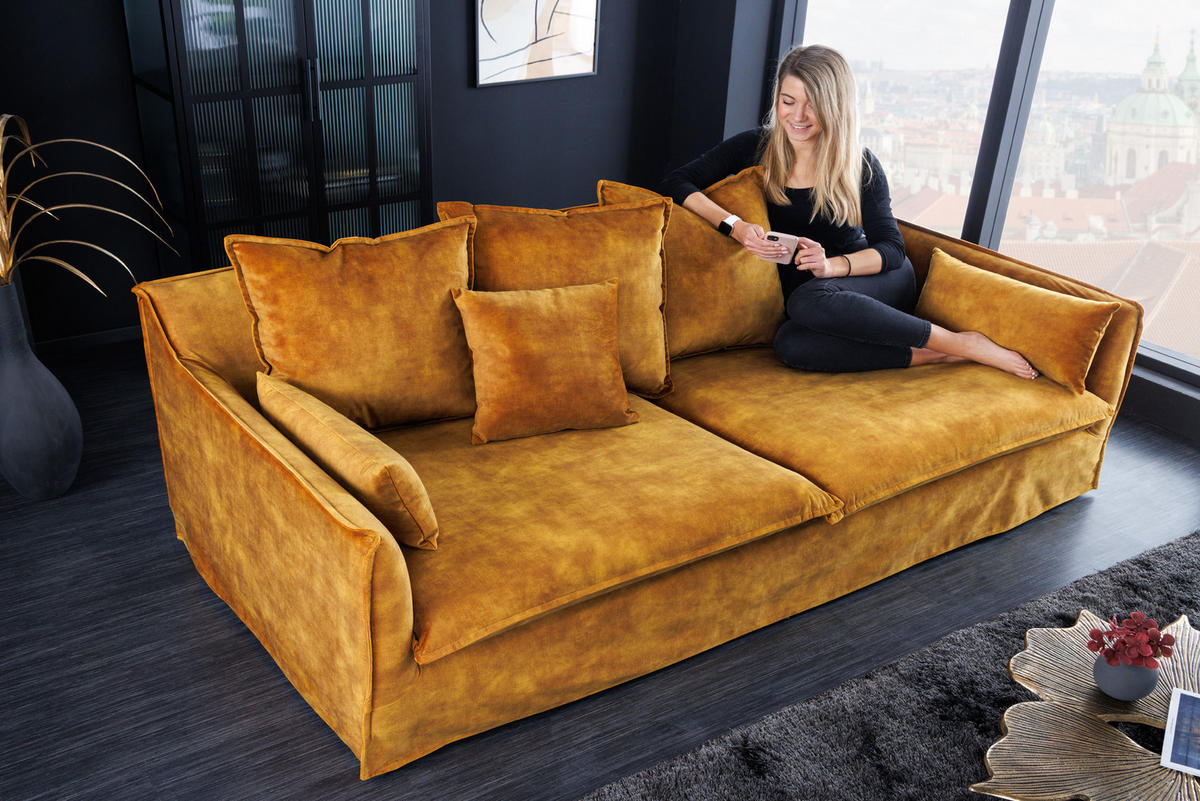 3-SITZER SOFA HEAVEN Samt Senfgelb 200 cm - Gelb, Holz/Textil (202/88/105cm) - riess-ambiente
