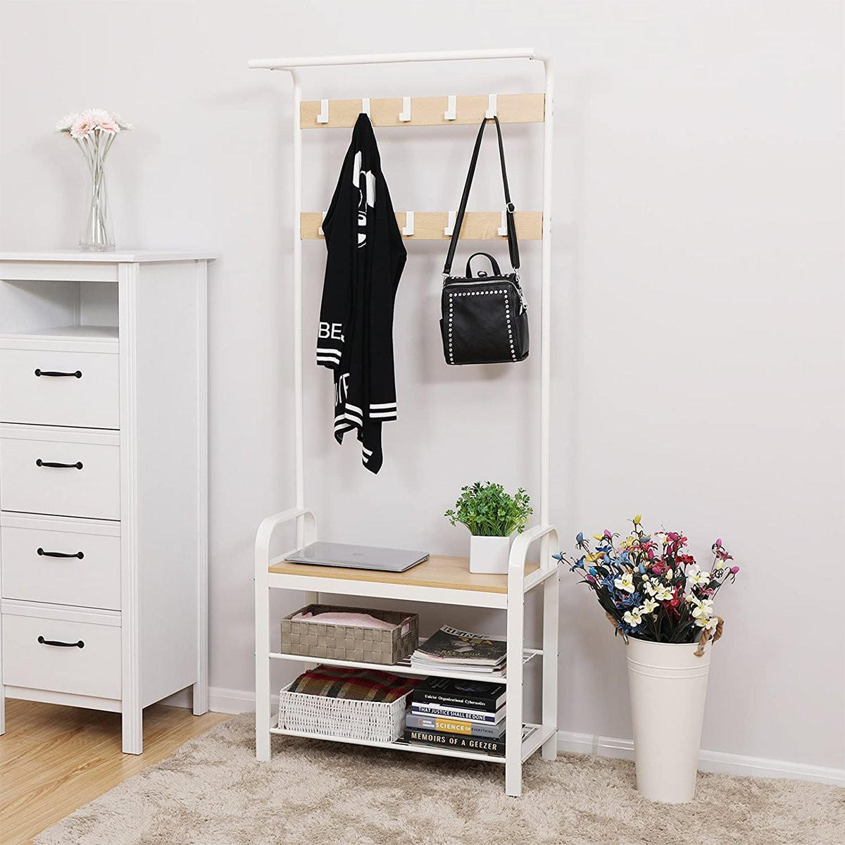 GARDEROBENSTÄNDER mit Regalen für Schuhe - H183 cm - Weiß, Holzwerkstoff (33.7/183/72cm) - Calicosy