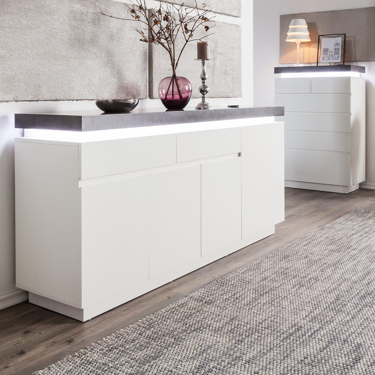 SIDEBOARD - inkl. Beleuchtung - Weiß/Grau, Holzwerkstoff (175/81/40cm) - home24