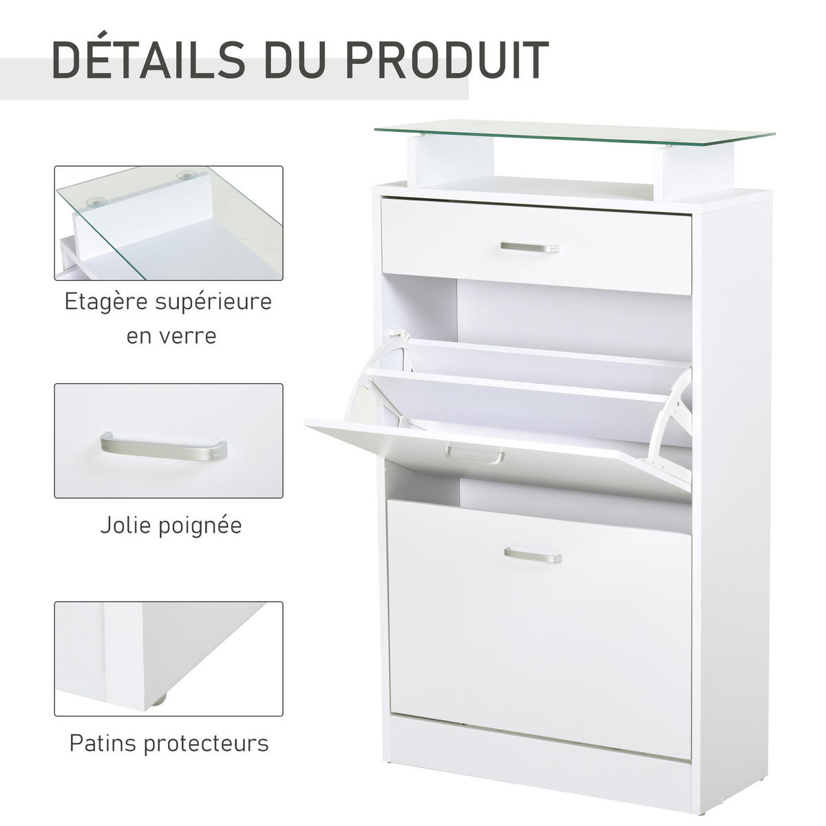 SCHUHSCHRANK DE-14977 2 Klapptüren & Schublade mit Glasablage Weiß - Weiß, Holzwerkstoff (60/105.5/24cm) - ComfortXL
