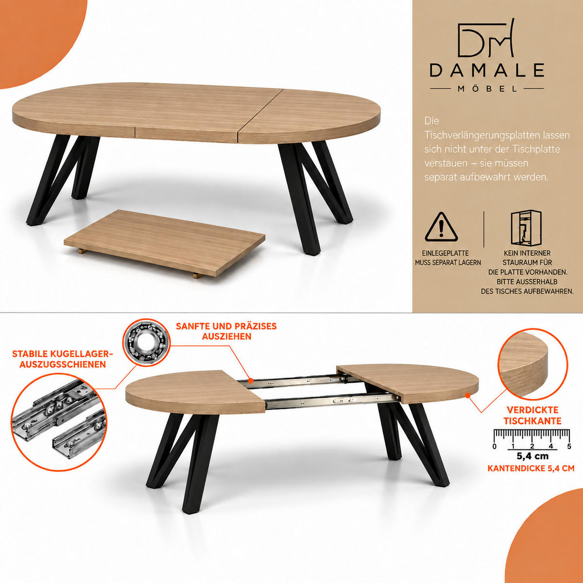 ESSTISCH rund ausziehbar 90/190/76 cm, Hellbraun Eiche Hikora Egger Natur, 54 cm Tischplatte + Industrial Metallgestell Schwarz - Hellbraun/Eichefarben, Holzwerkstoff/Metall (90/190/76cm) - Damale Möbel