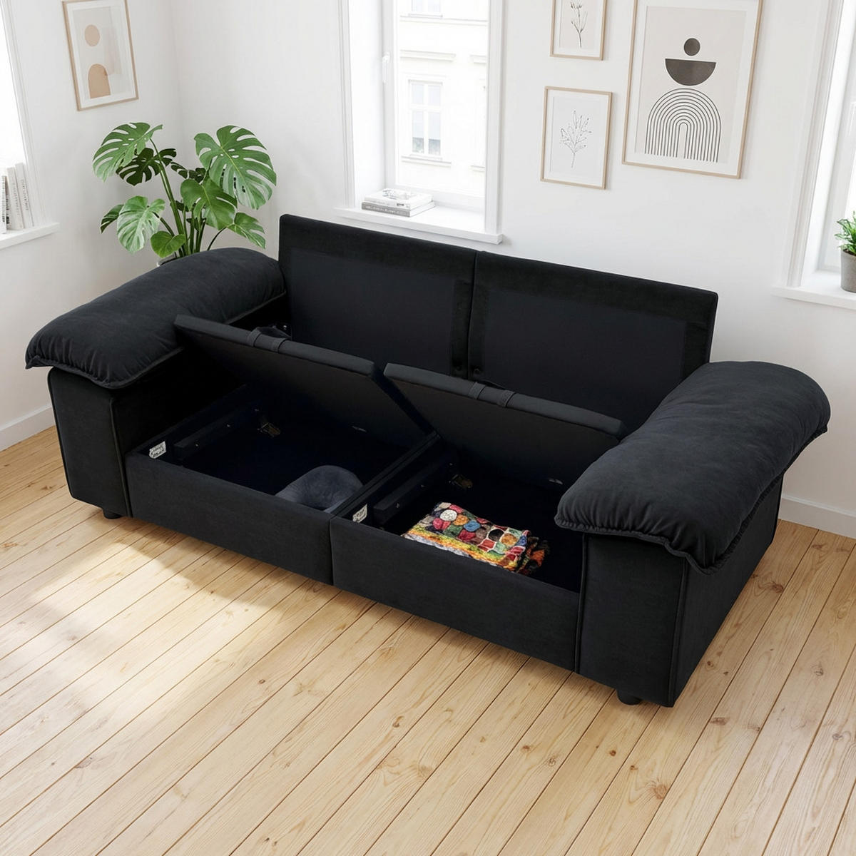 2-SITZER Sofa mit Stauraum Stoffbezug und Holzrahmen 201/91/89 cm Schwarz - Schwarz, Textil (91/89/201cm) - Redom