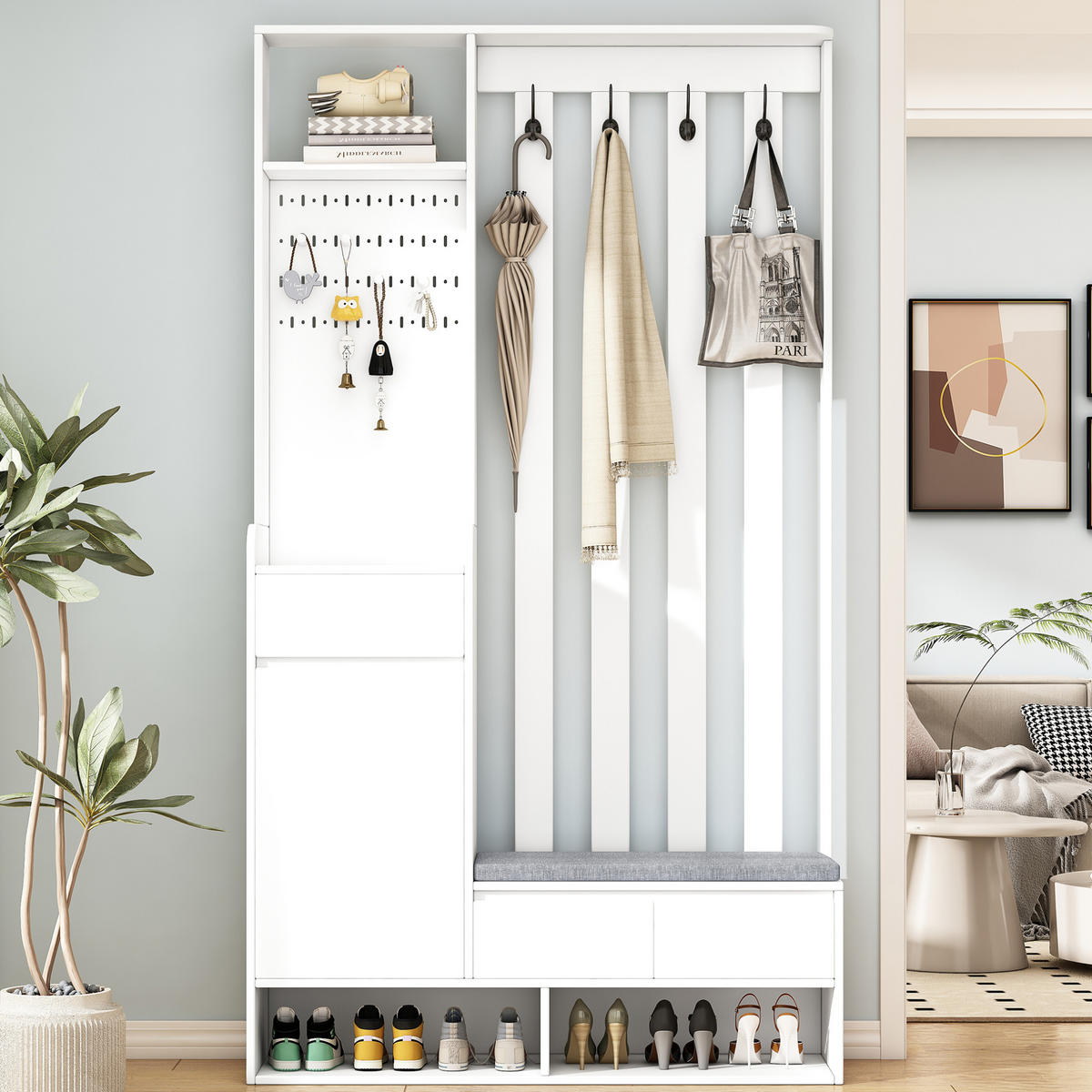 FLURGARDEROBE 100/35/180 cm aus MDF mit Sitzbank und Stecktafel Weiß - Weiß, Holzwerkstoff (100/180/35cm) - Modenvie