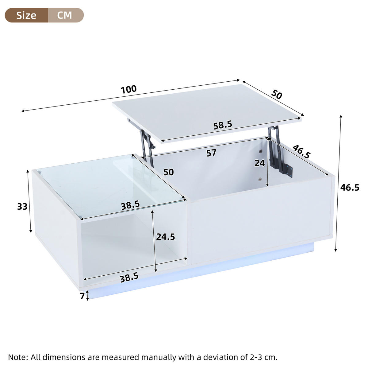 COUCHTISCH, höhenverstellbar mit verstecktem Staufach und App-gesteuerter RGB-LED, 100/50/33–46,5 cm, Weiß - Weiß, Holzwerkstoff (100/50/33cm) - Redom