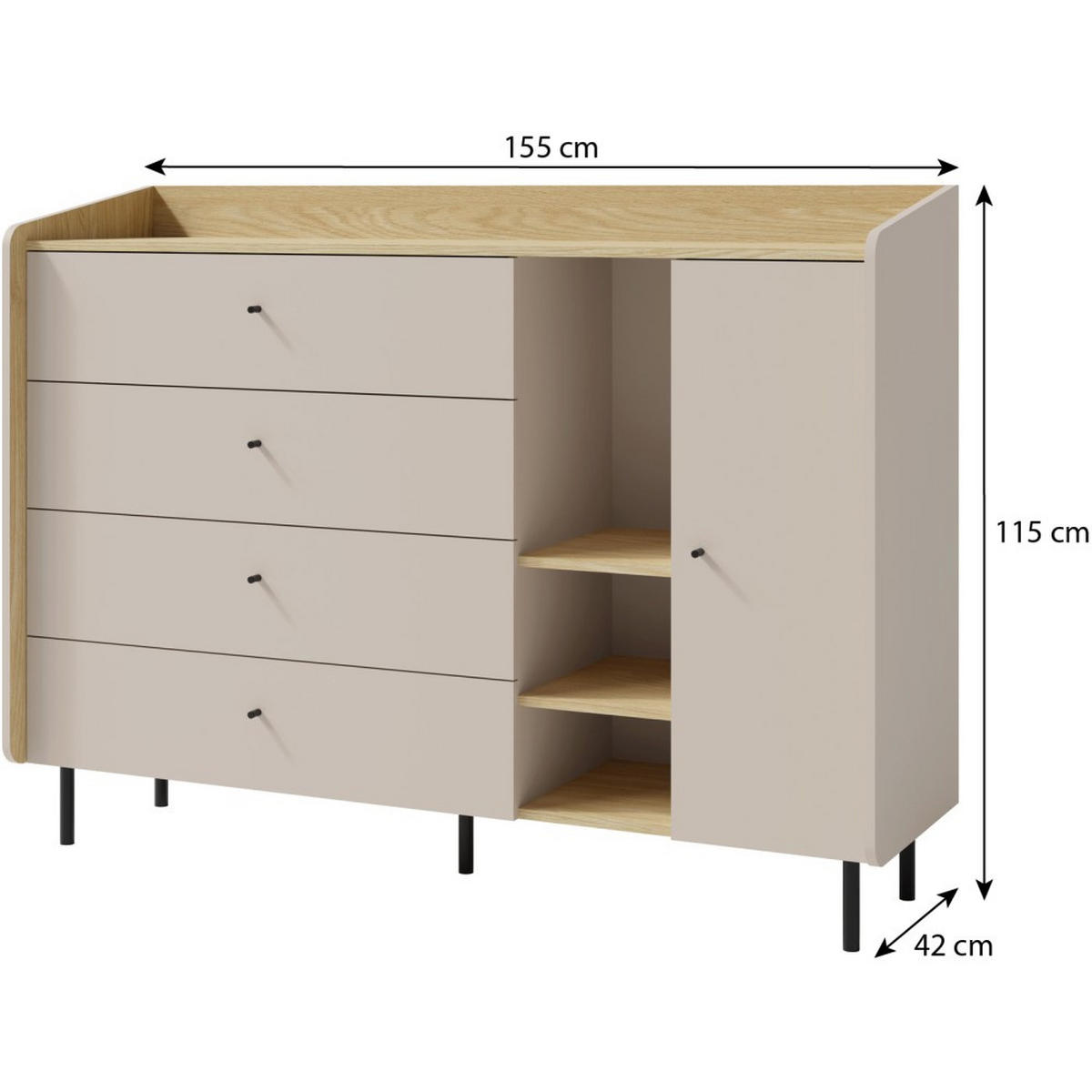 KOMMODE Alex mit 1 Tür und 4 Schubladen, Beige Sand - Beige/Schwarz, Holzwerkstoff (155/115/42cm) - Beautysofa