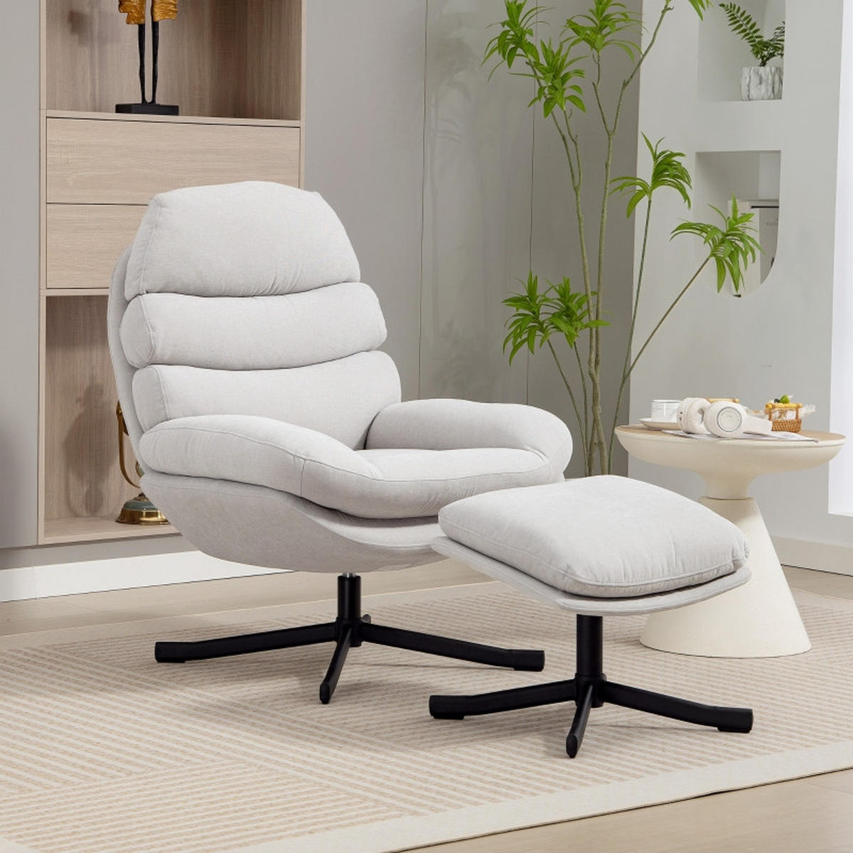 RELAXSESSEL mit Hocker Chenille-Stoff 360° drehbar 78/93/100 cm Cremeweiß - Creme, Textil (78/100/93cm) - Redom