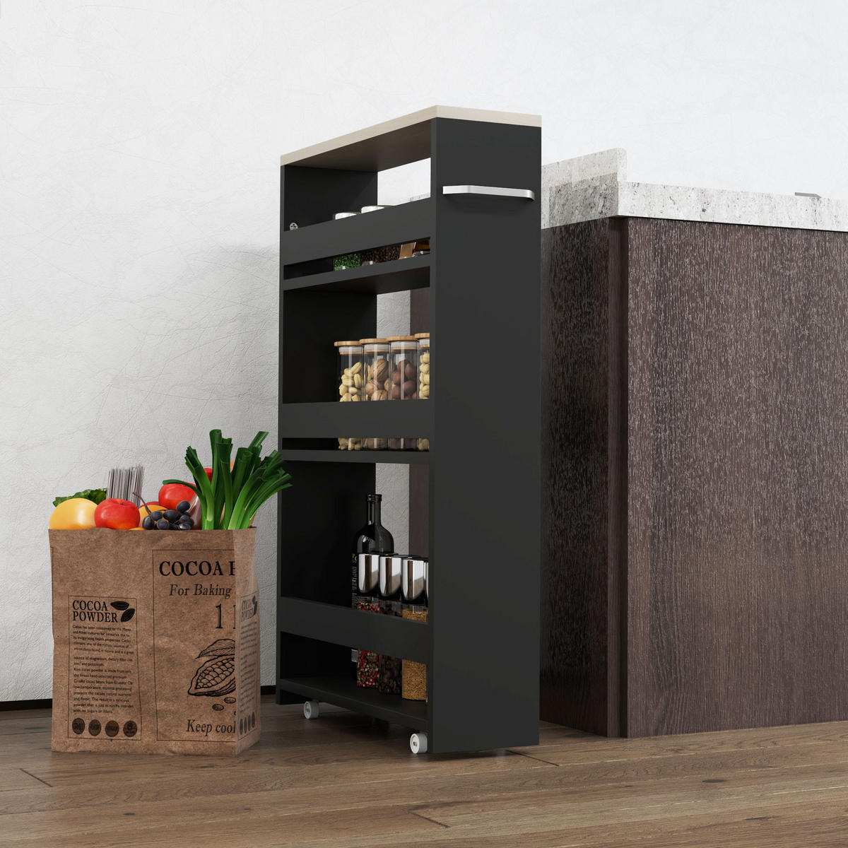 SERVIERWAGEN DE-12437 mit rollen 3 Ebenen 48/15/80 cm Schwarz - Schwarz, Holzwerkstoff (15/80/48cm) - ComfortXL