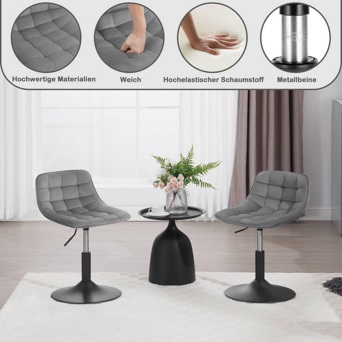 BARHOCKER Mehrzweck 360° Schwenken Samt, Hellgrau - Hellgrau/Schwarz, Textil/Metall (42.5/72/45cm) - Woltu