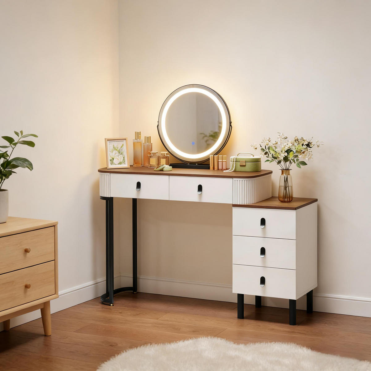 SCHMINKTISCH mit verstellbarem runden LED-Spiegel und 5 Schubladen - Braun, Glas (100/125/40cm) - Vallsero