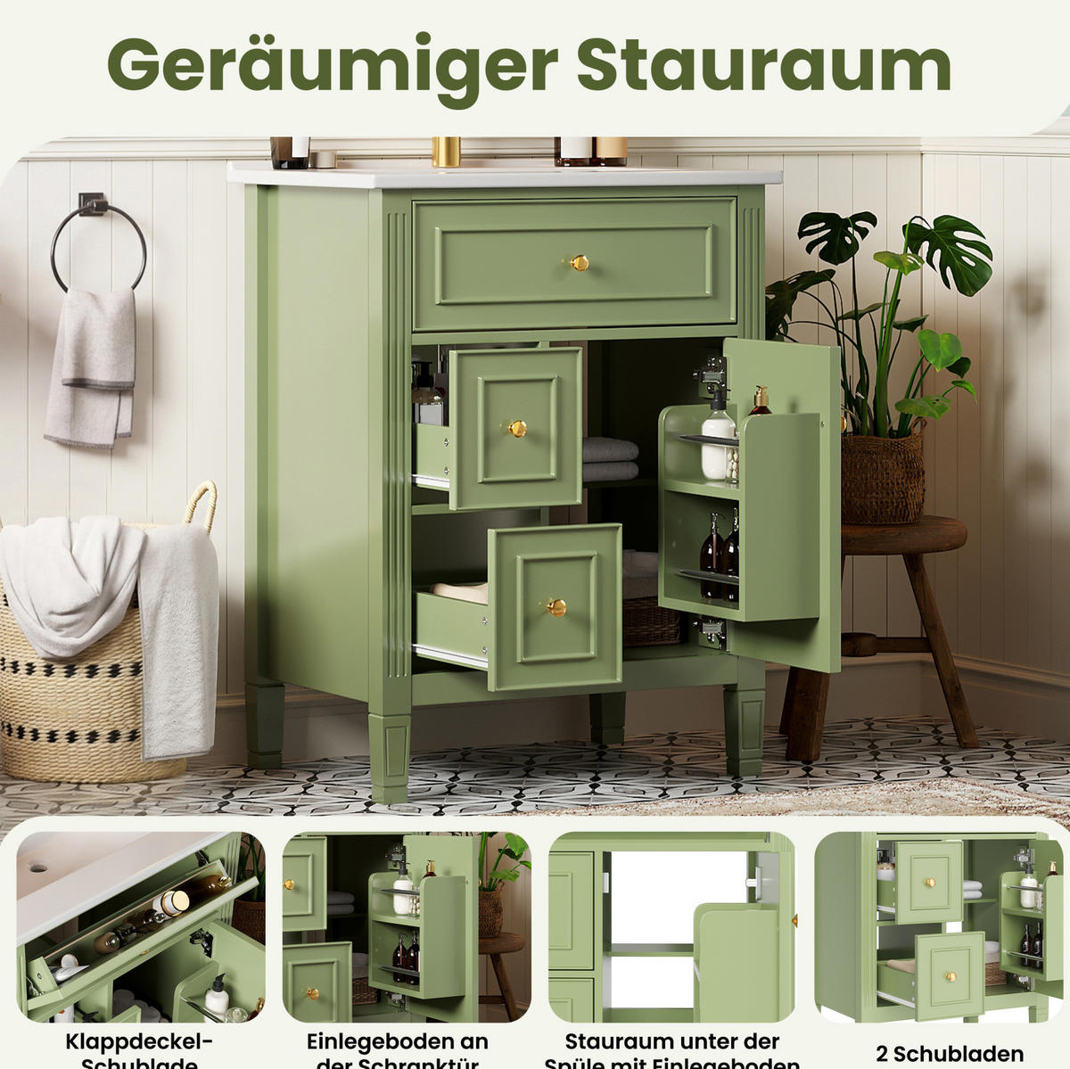 WASCHBECKENUNTERSCHRANK aus MDF und Keramik 61x47x86 cm Grün mit Stauraum, Soft-Close-Tür und Keramikbecken - Grün, Keramik (61/86/47cm) - Modfu