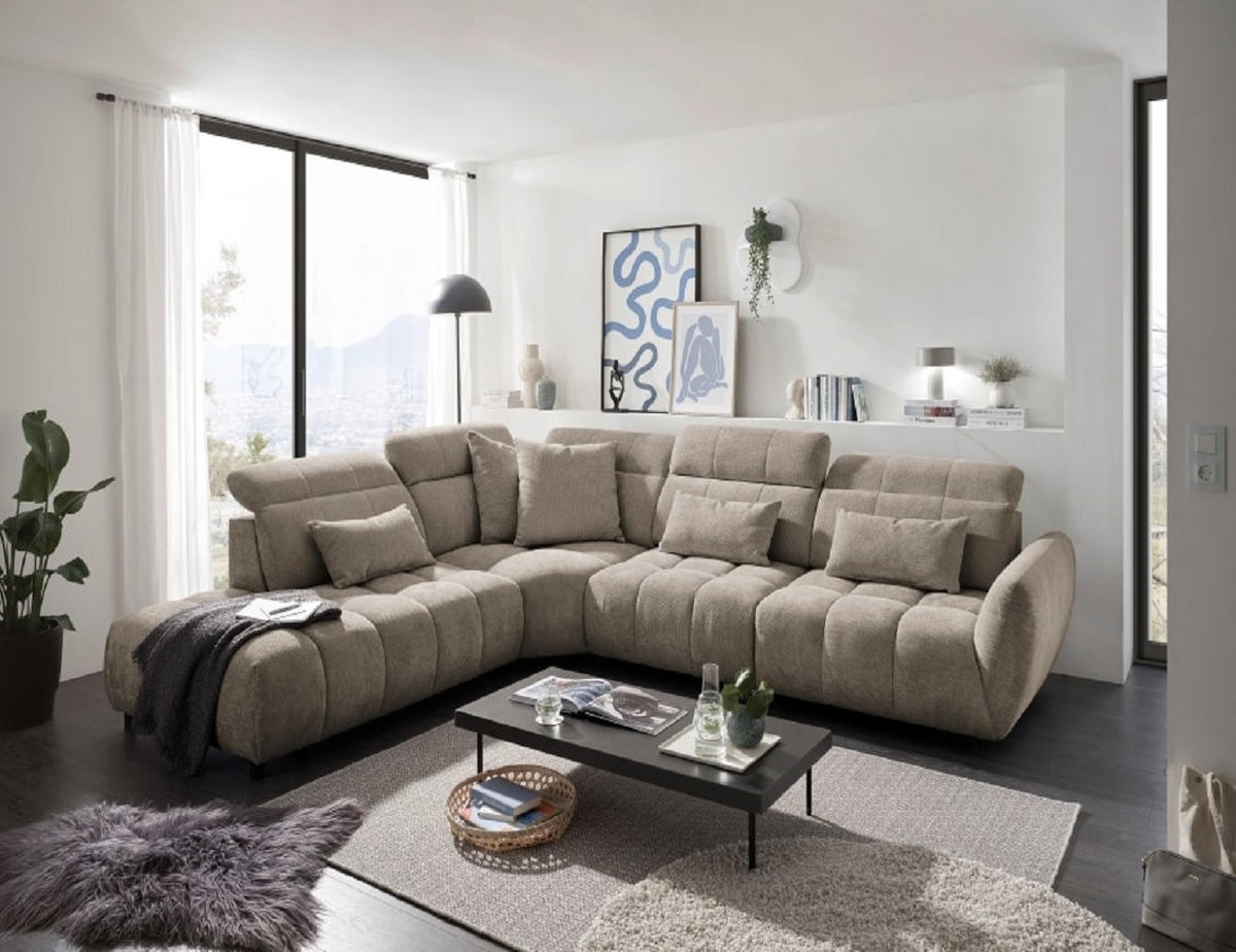 ECKSOFA mit verstellbaren Kopflehnen und Nosagfederung - Sandfarben, Textil (339/285cm) - ed exciting design