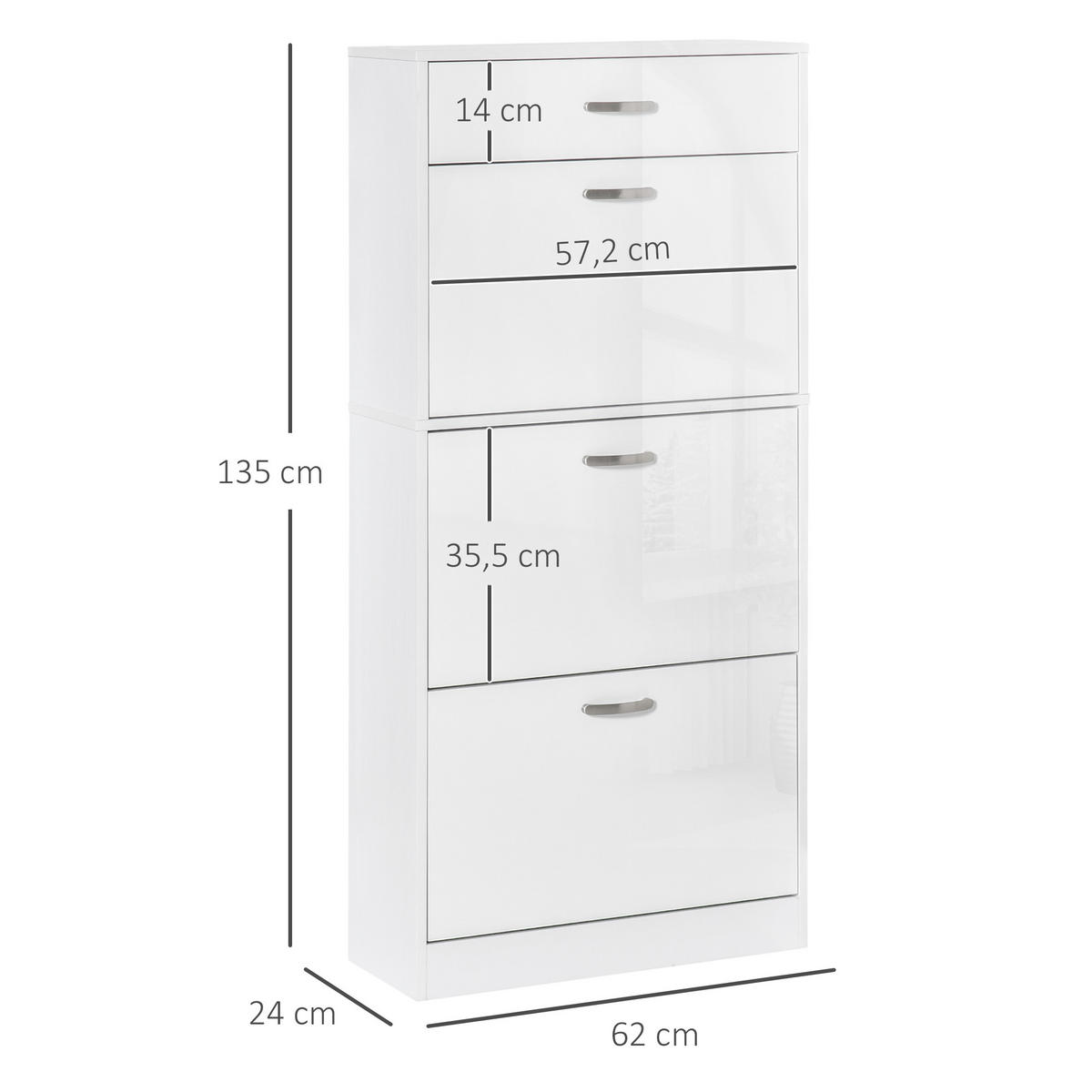 SCHUHSCHRANK DE-14975 3 Klapptüren & Schublade Weiß - Weiß, Holzwerkstoff (62/135/24cm) - ComfortXL