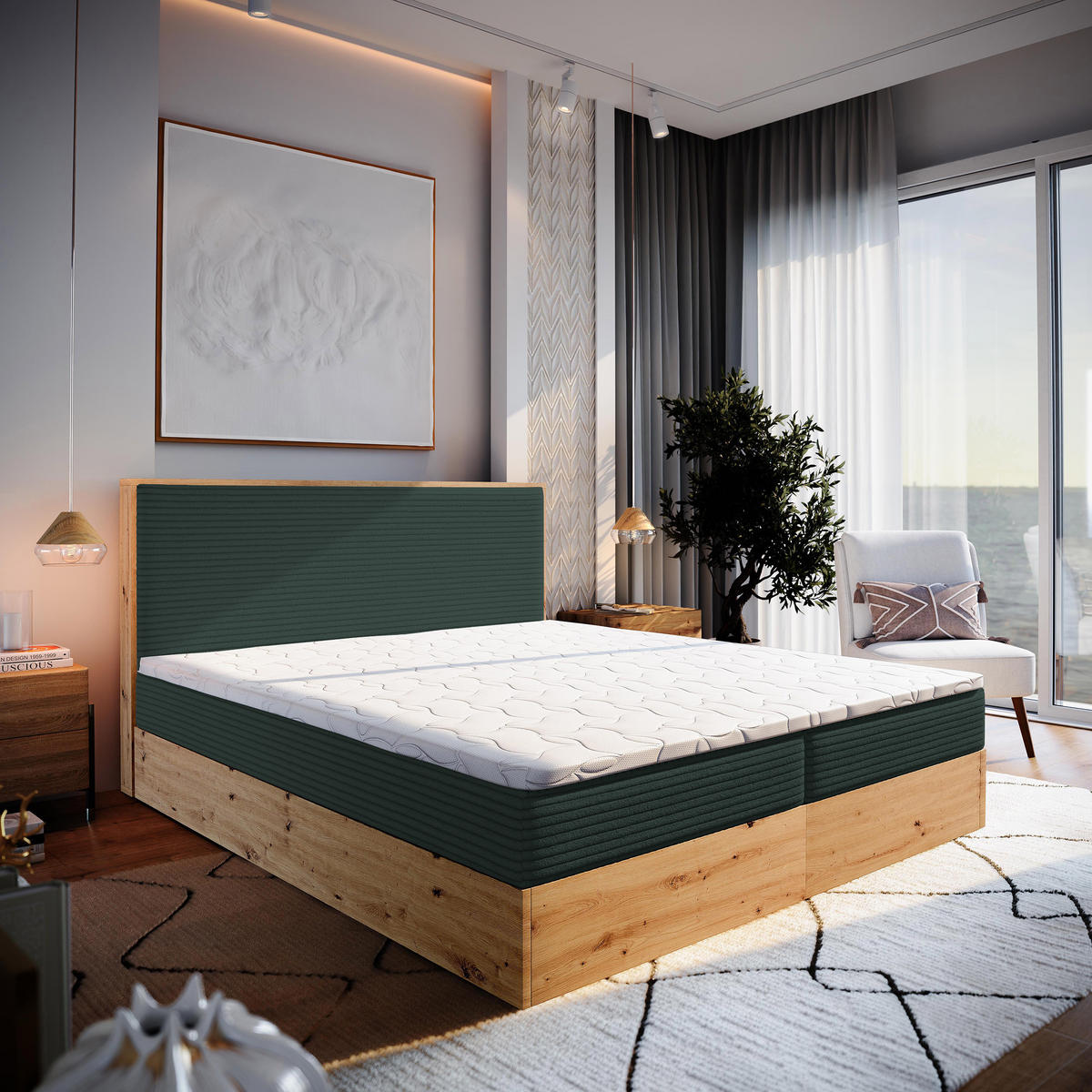 POSTEL BOXSPRING VERDON 160x200 cm, s matrací a úložným prostorem, tmavě zelená - tmavě zelená, kompozitní dřevo/textil (160/200cm) - MASSENO