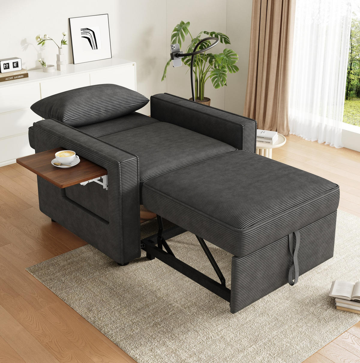 ROZKLÁDACÍ pohovka 93/150/85 cm šedá z manšestru s USB a držákem telefonu - šedá, textil (93/85/150cm) - OKWISH