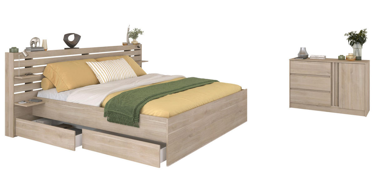 SCHLAFZIMMER Escale 26 in Japanische Eiche 4 teilig - mit 160er Doppelbett, zwei Bettschubkästen, Kommode - Braun, Holzwerkstoff (80/200/120cm)