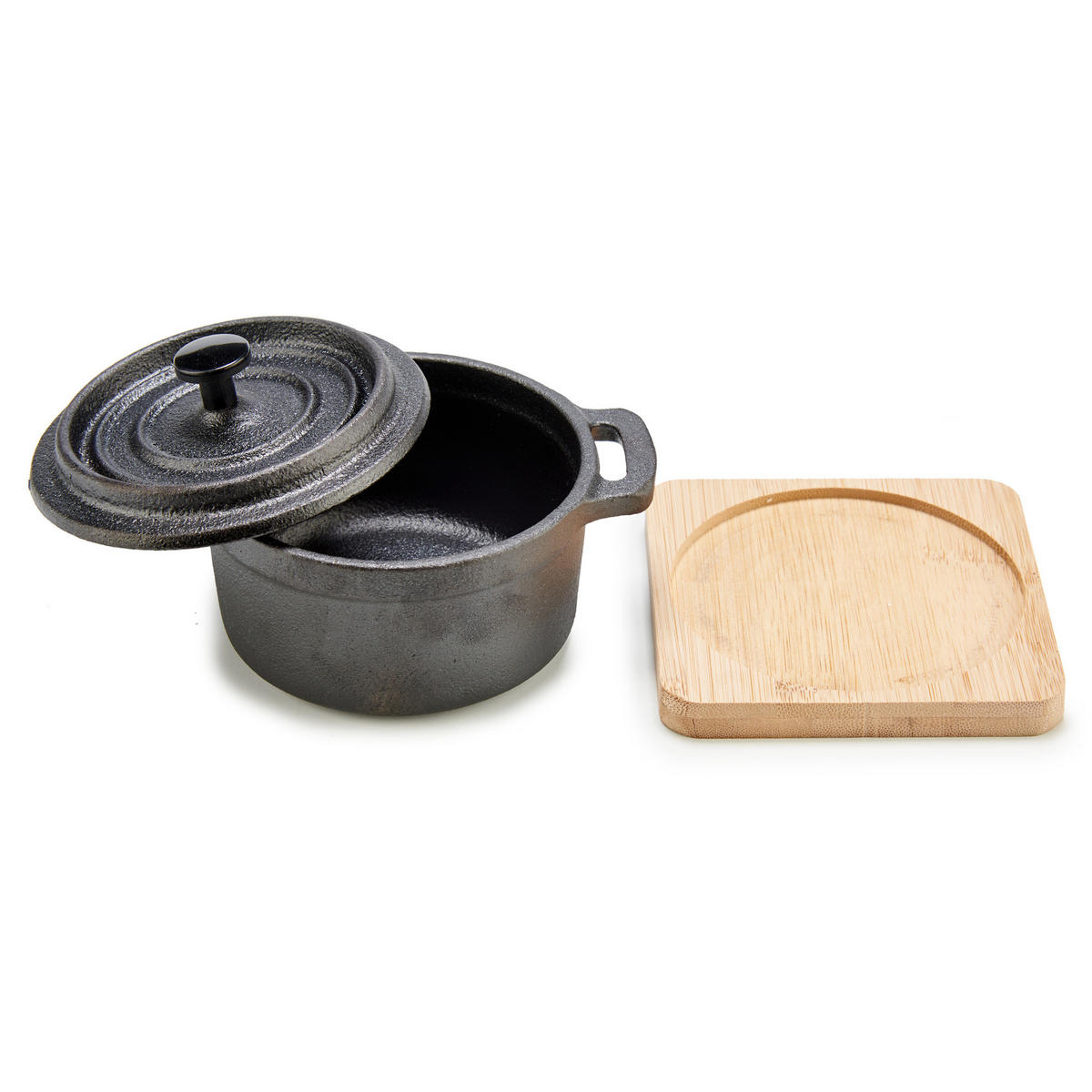 TOPF aus Eisen auf Bambusunterlage Slate Schwarz 13/10/8,5 cm - Schwarz, Metall (10/8.5/13cm) - Kinvara