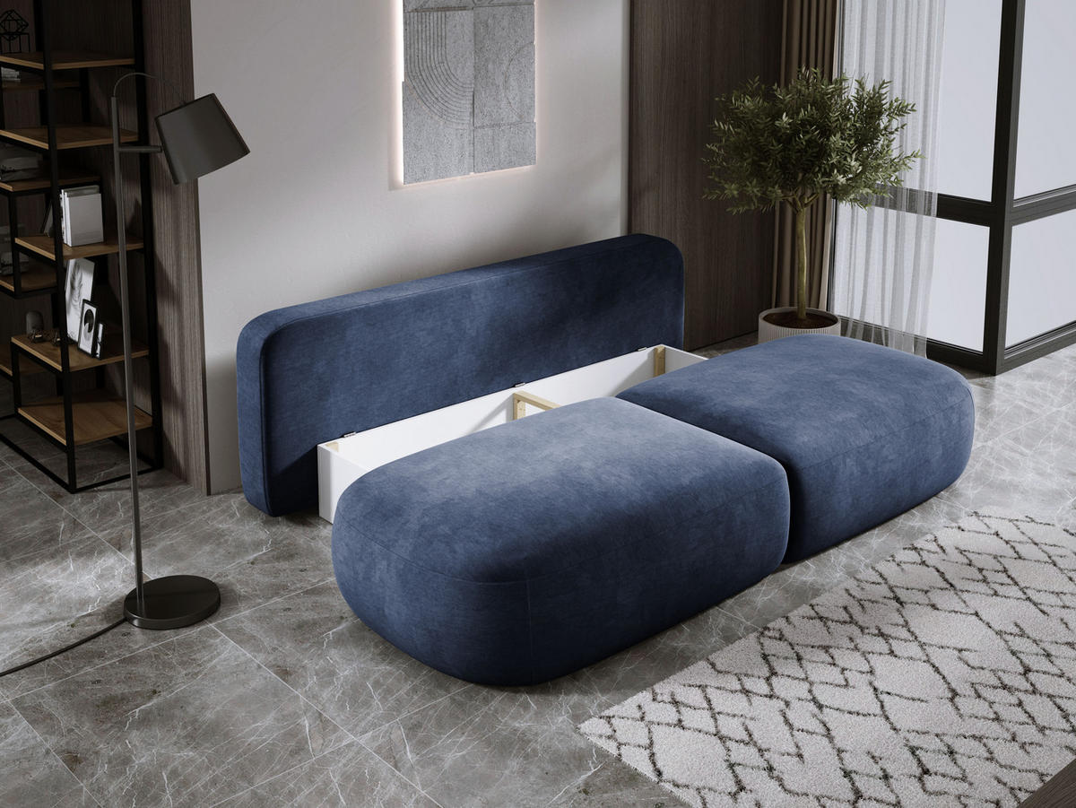 SCHLAFSOFA Moderne BABU mit Schlaffunktion – 3-Sitzer Sofa mit Bettkasten, DL-Automat, 2 Rückenkissen, 2 Zierkissen, 240x90x90 cm, Blau - Blau, Holz/Textil (240/90/90cm) - DomoHome