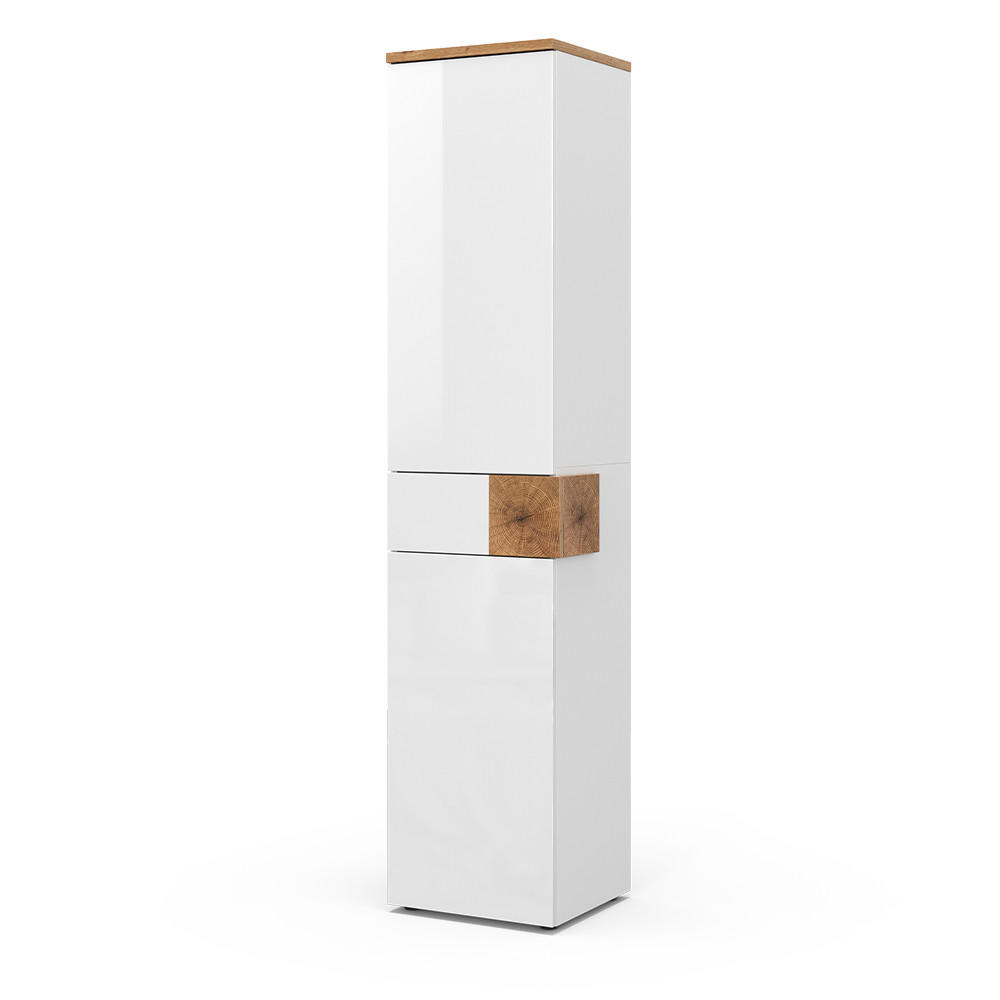 BADRUMSSKÅP Eden Vit högblank 40x184.2 cm med 2 luckor och låda Vit högglans 184.2/40/37 cm