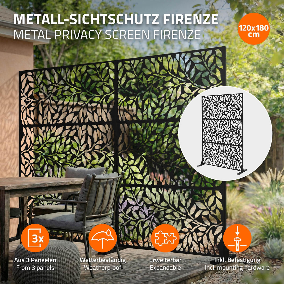 METALL-SICHTSCHUTZ Firenze 120x180 cm Schwarz aus Stahl - Schwarz, Metall (120/183cm) - ML-DESIGN
