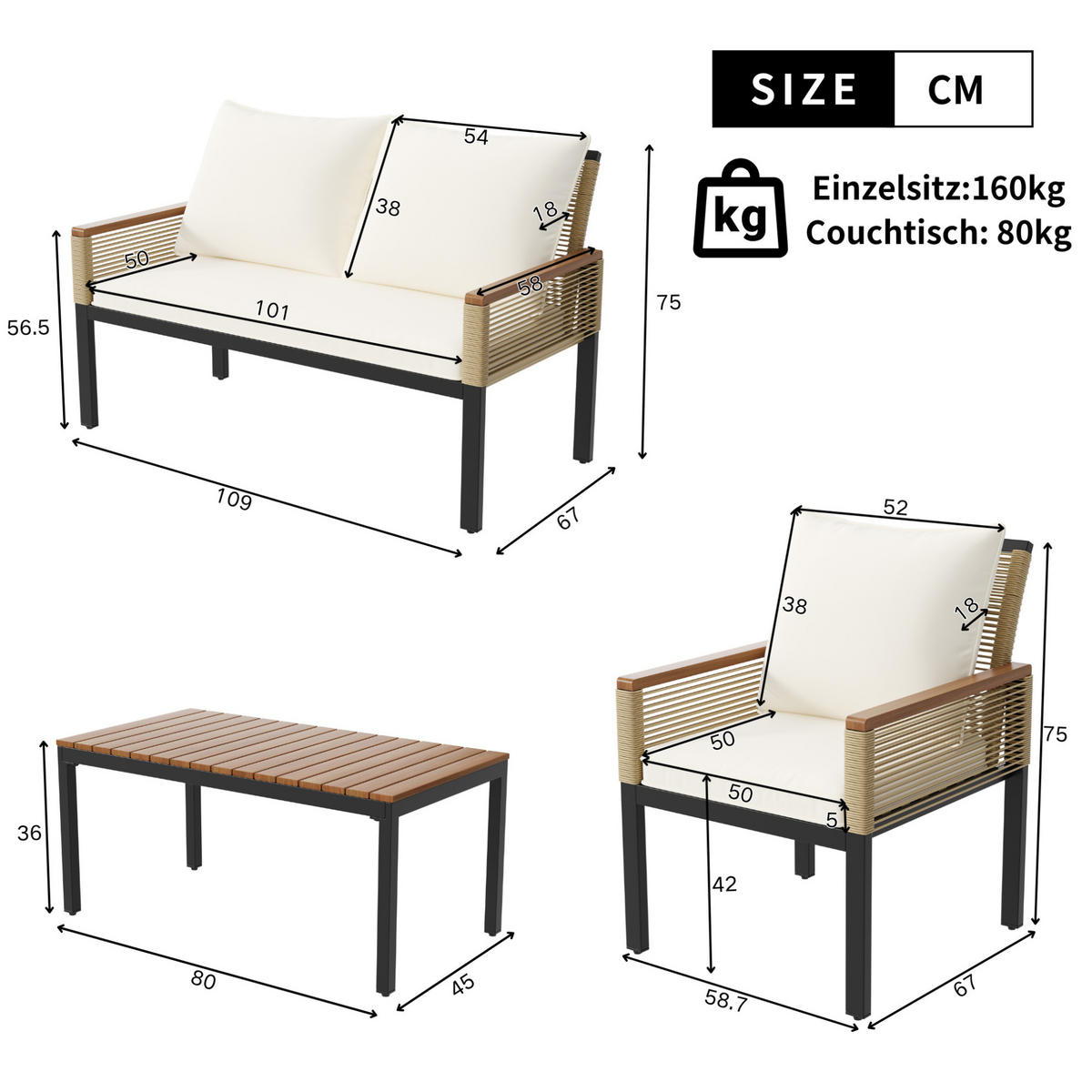 GARTENLOUNGE-SET mit 2 Sesseln, Doppelsofa und Tisch aus Polyrattan mit Akazienholz, Beige - Beige, Metall - Redom