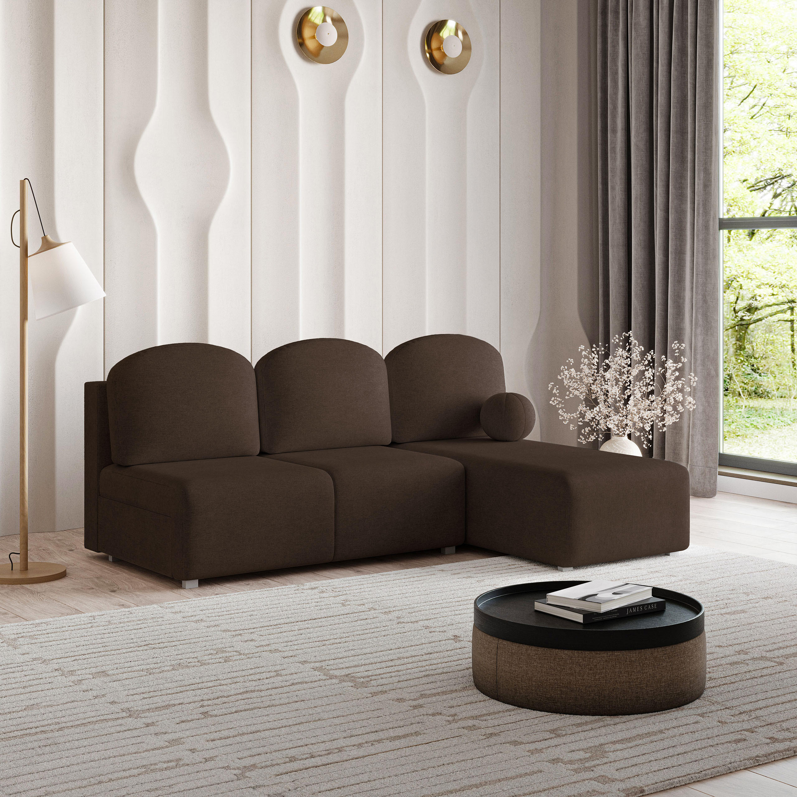 ECKSOFA TRAMA Braun Geflochtener Stoff mit Schlaffunktion - Braun, Holz (200/143cm) - MASSENO