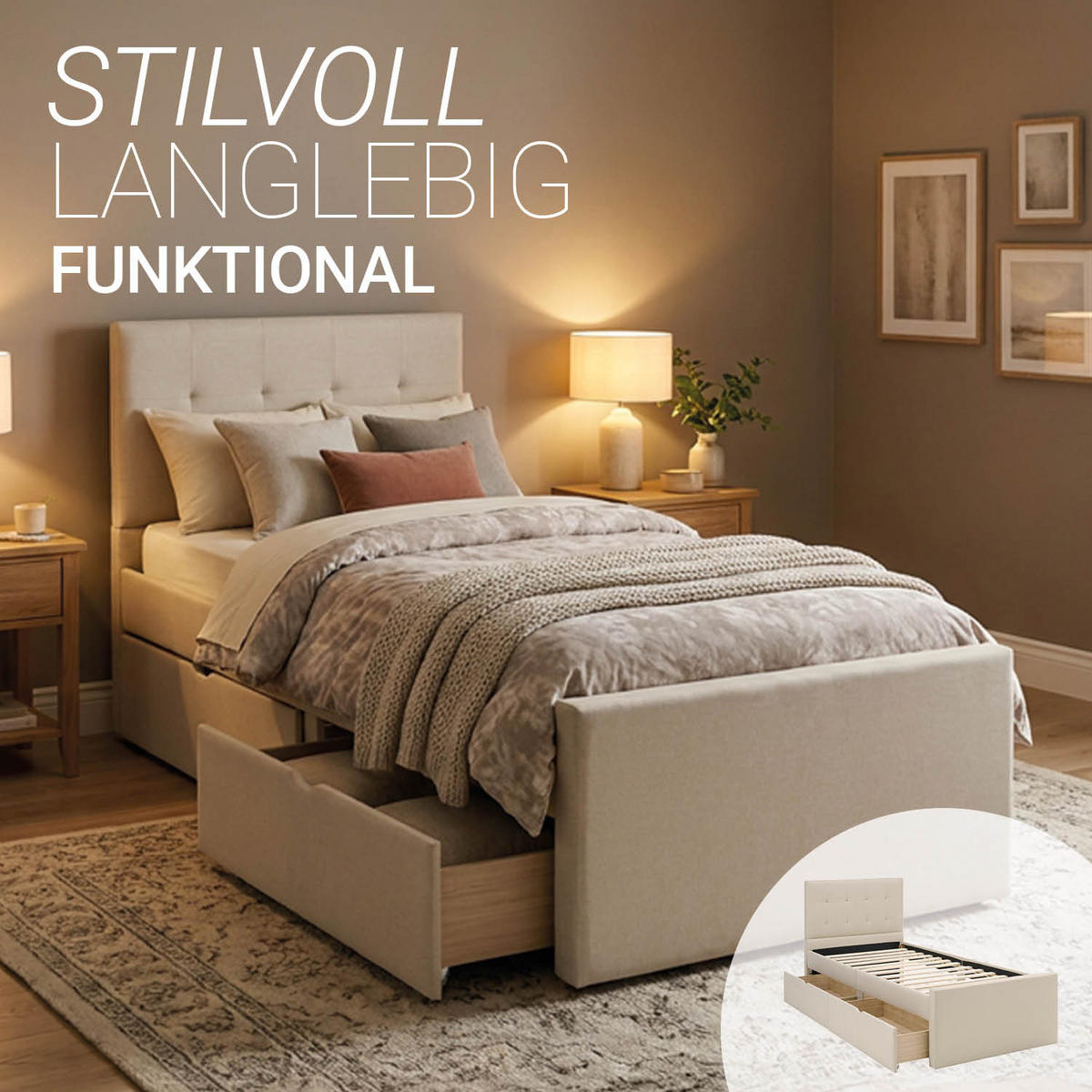 POLSTERBETT mit Stauraum 90/200 cm in Beige + Lattenrost - Anthrazit/Beige, Textil (90/200cm) - Homestyle4u