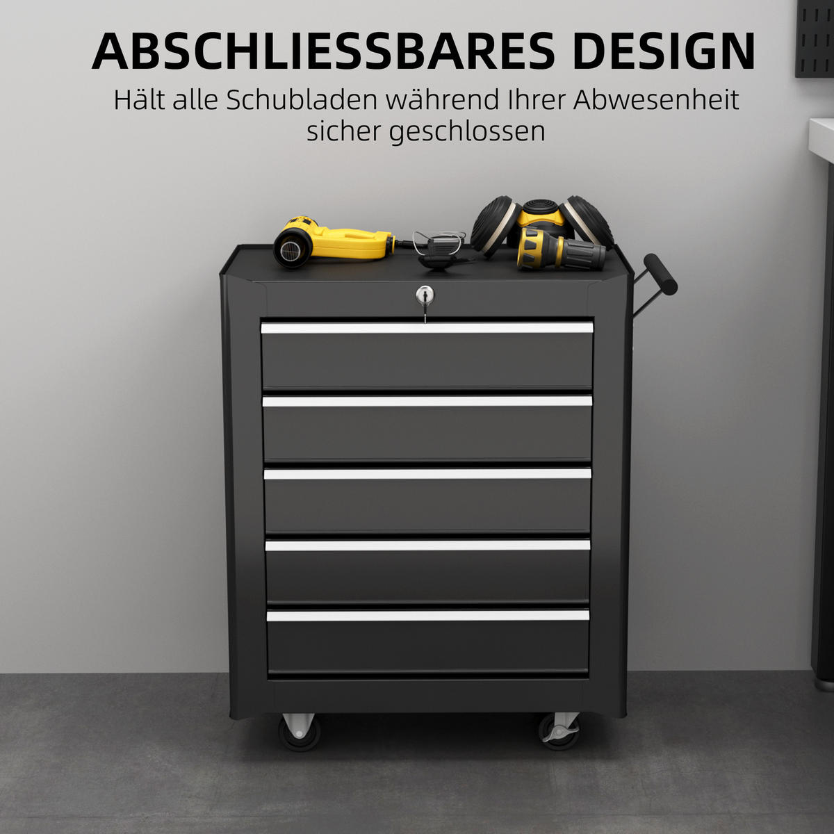 WERKSTATTWAGEN abschließbar mit 5 Schubladen, Schwarz - Schwarz, Metall (68/75/33cm) - HOMCOM