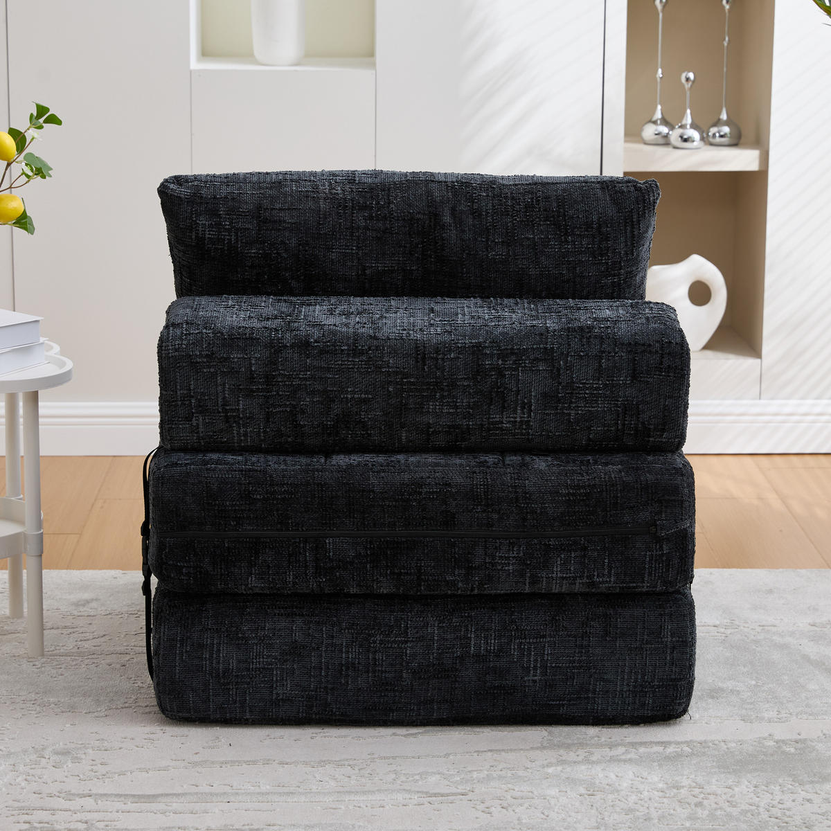 SCHLAFSESSEL Klappbares mit Kopf und Lumbalkissen Chenille Schwarz 79/79/57 cm - Schwarz, Textil (79/57/79cm) - OKWISH